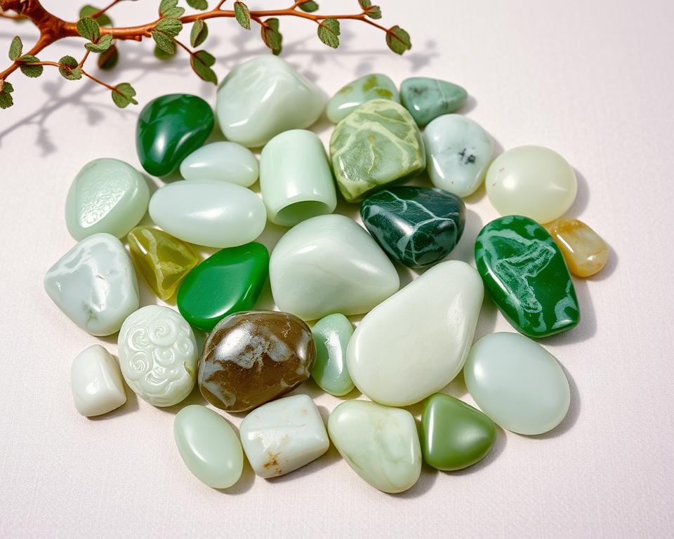 Jade-Arten Nephrit und Jadeit